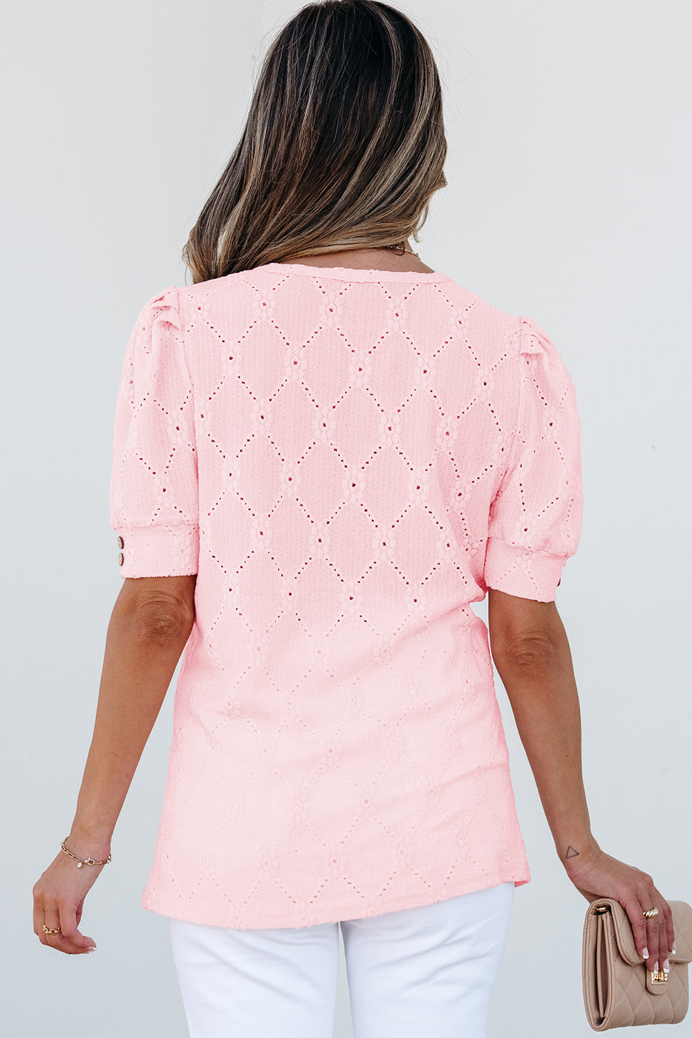 Pink Flower Geometric Textured Button Short Sleeve Top-Tops/Blouses & Shirts-[Adult]-[Female]-2022 Online Blue Zone Planet