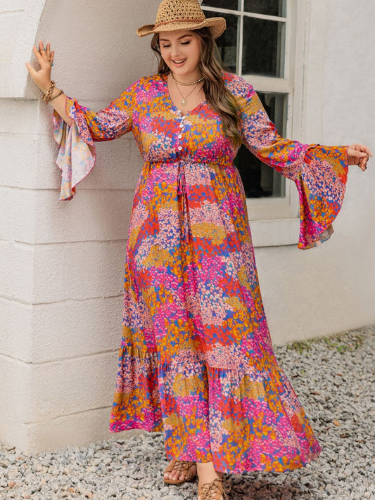 Blue Zone Planet | Plus Size Printed V-Neck Long Sleeve Maxi Dress-TOPS / DRESSES-[Adult]-[Female]-Orange-Red-0XL-2022 Online Blue Zone Planet