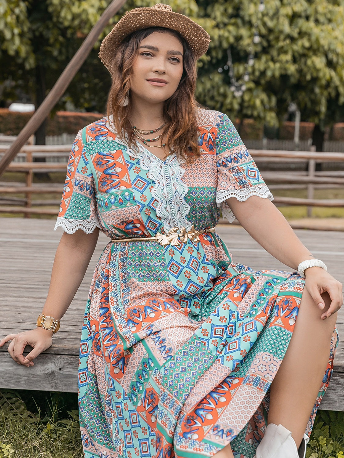 Plus Size Lace Detail Printed Half Sleeve Midi Dress-TOPS / DRESSES-[Adult]-[Female]-2022 Online Blue Zone Planet