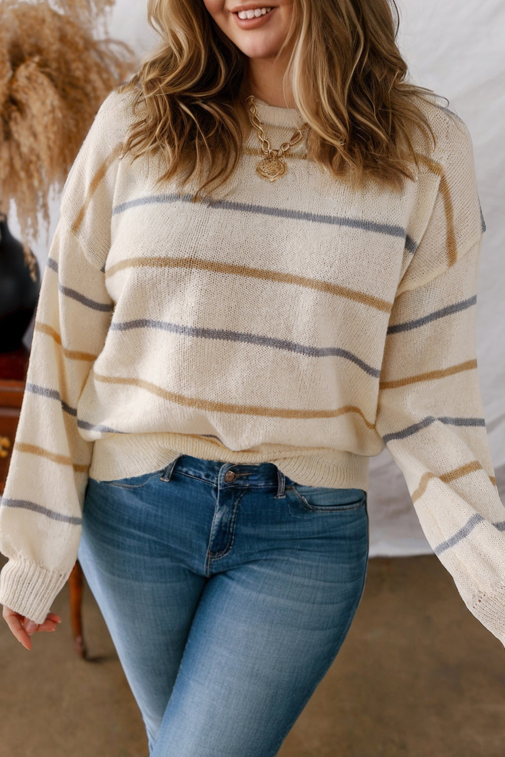 Multicolour Striped Drop Shoulder Plus Sweater-Plus Size/Plus Size Sweaters & Cardigans-[Adult]-[Female]-Multicolour-1X-2022 Online Blue Zone Planet