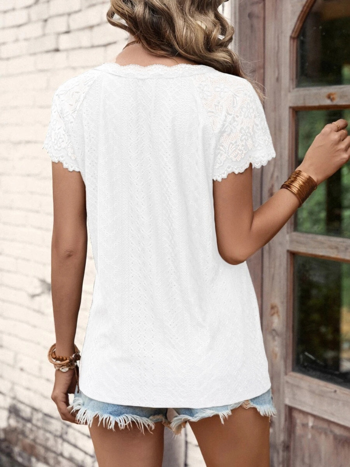 Lace Detail V-Neck Short Sleeve T-Shirt-TOPS / DRESSES-[Adult]-[Female]-2022 Online Blue Zone Planet