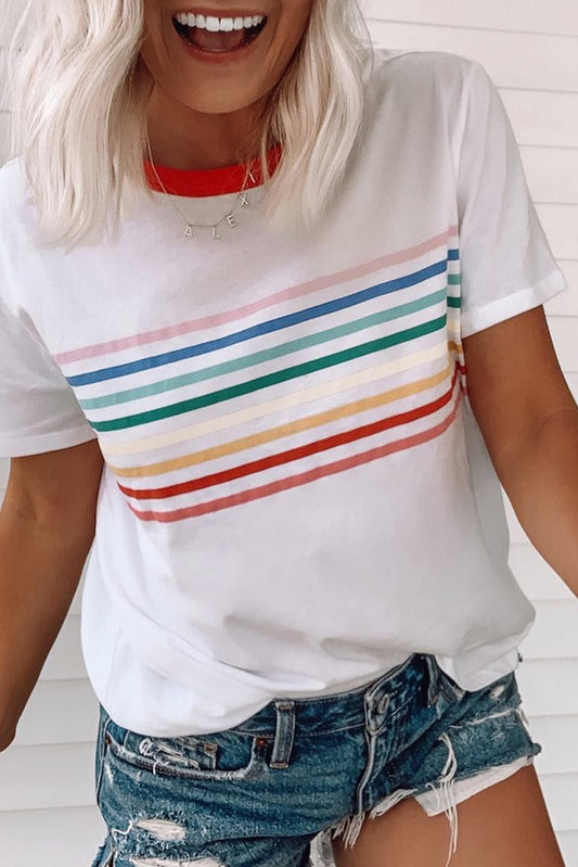 White Rainbow Stripe Print Contrast Crewneck T Shirt-Tops/Tops & Tees-[Adult]-[Female]-White-S-2022 Online Blue Zone Planet