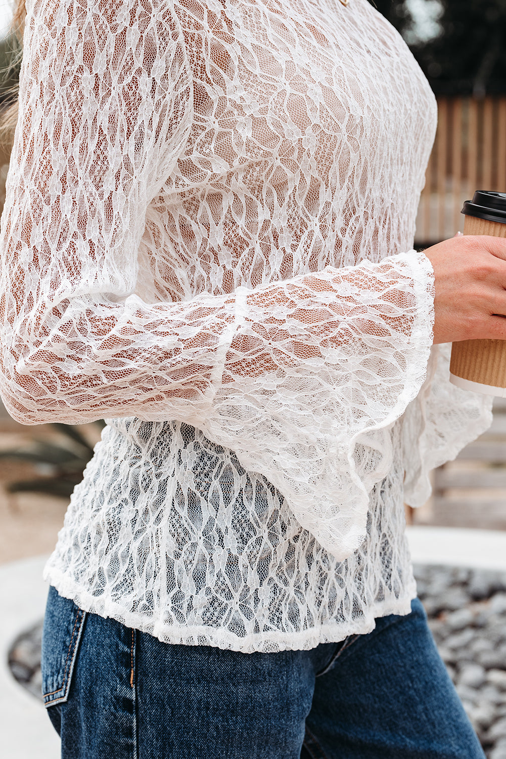 White Sheer Lace Bell Sleeve Mock Neck Blouse-Tops/Blouses & Shirts-[Adult]-[Female]-2022 Online Blue Zone Planet