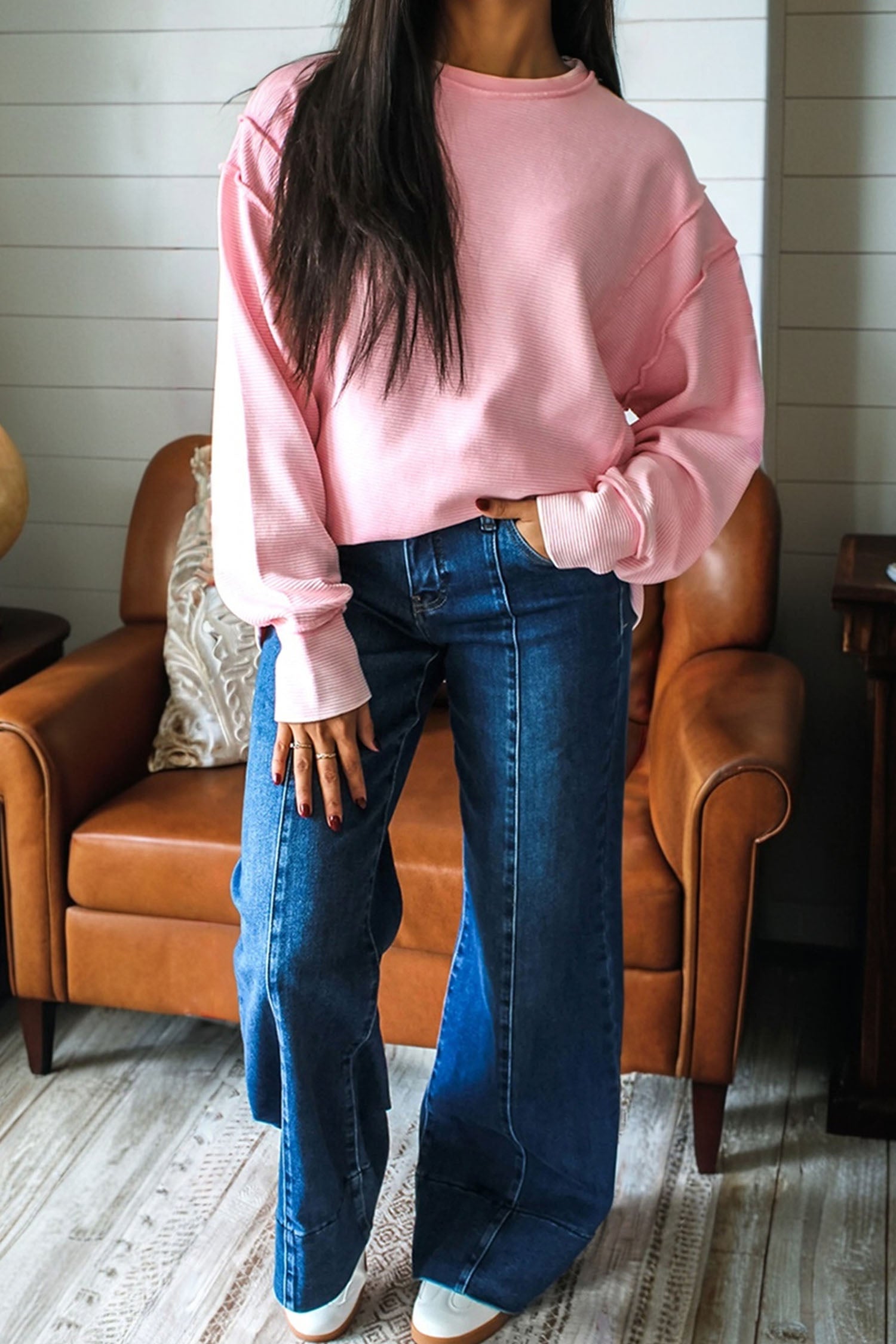 Pink Horizontal Ribbed Exposed Seam Detail Long Sleeve Top-Tops/Long Sleeve Tops-[Adult]-[Female]-2022 Online Blue Zone Planet