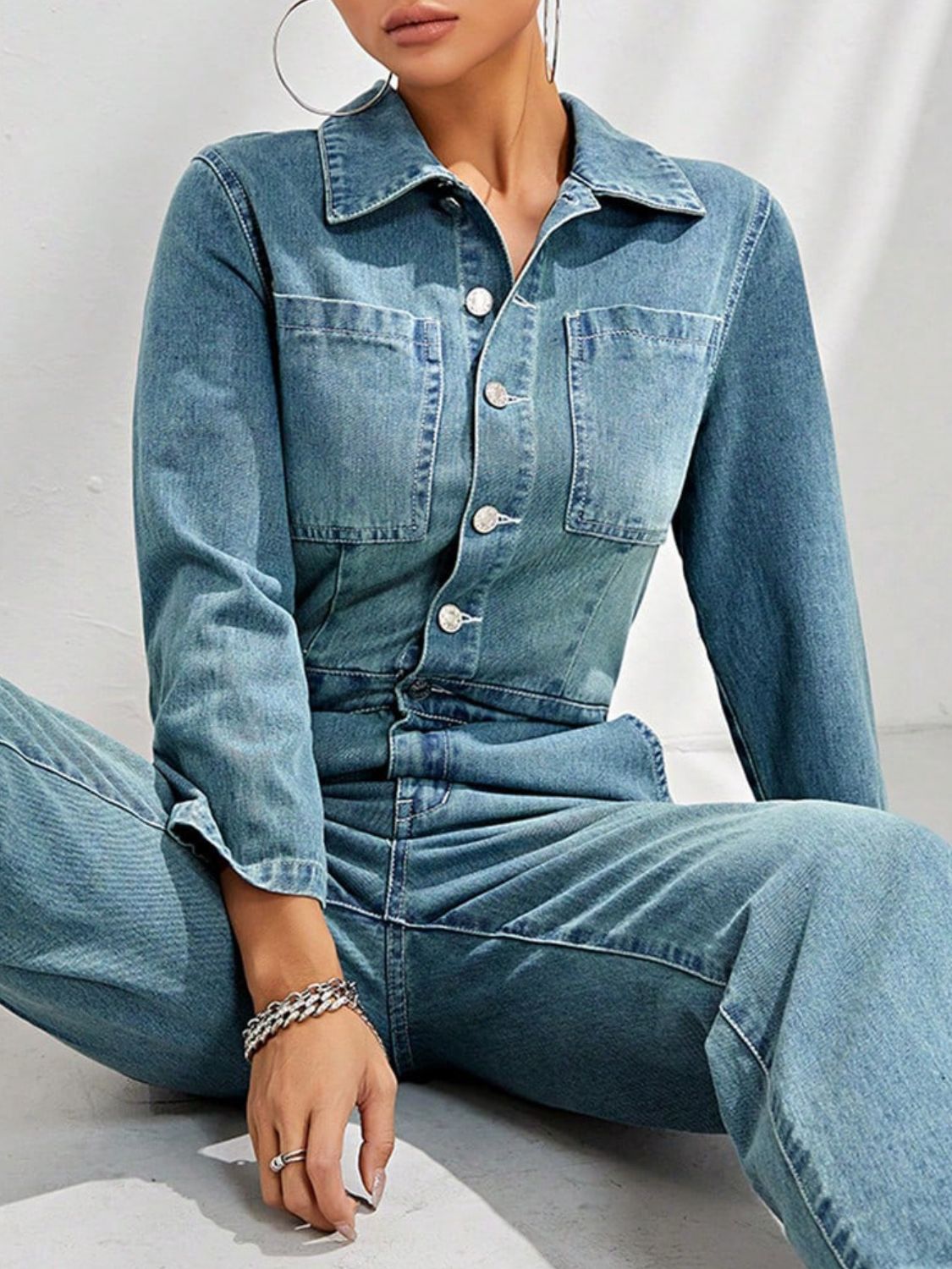 Half Button Long Sleeve Straight Leg Denim Jumpsuit-TOPS / DRESSES-[Adult]-[Female]-2022 Online Blue Zone Planet