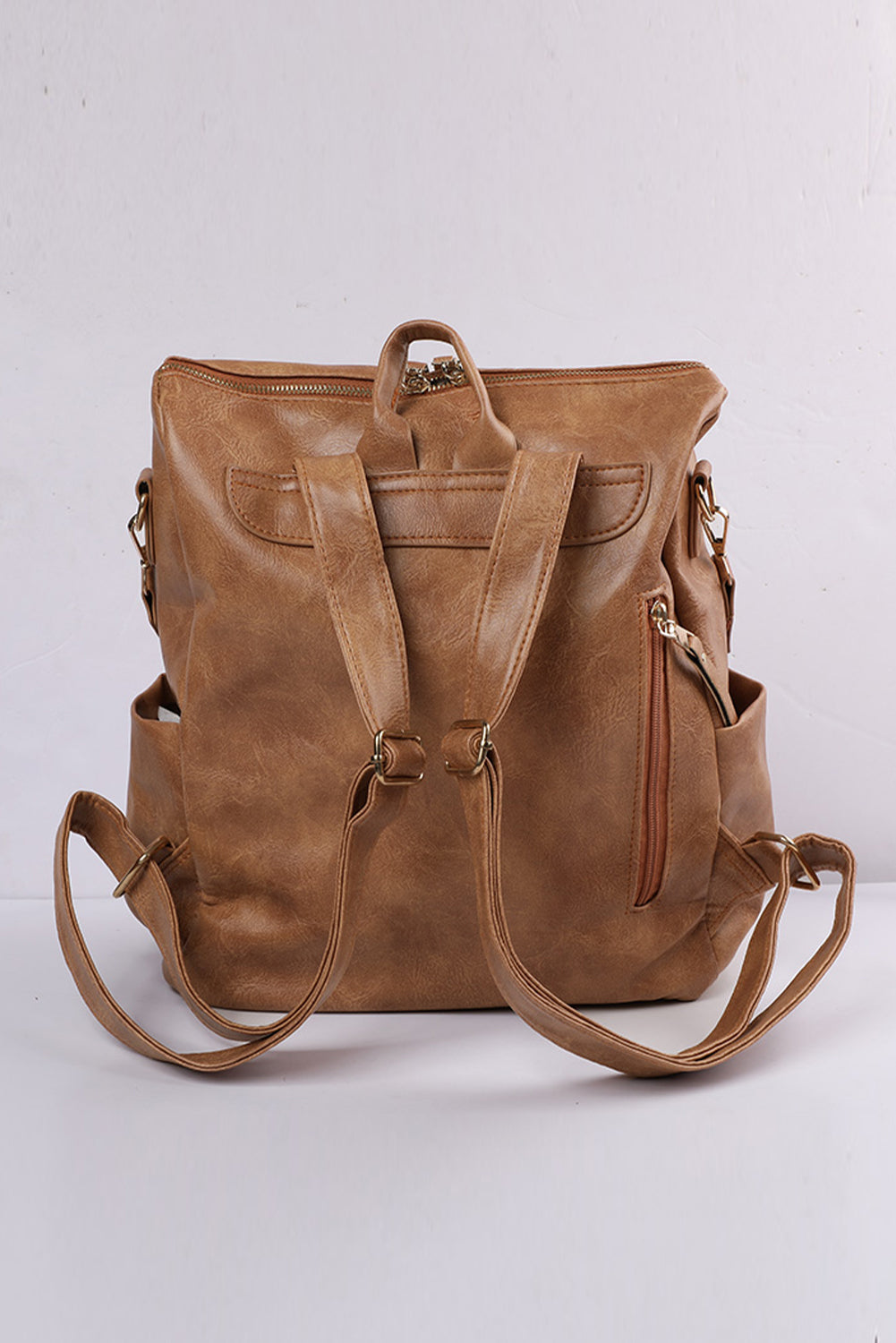 Chestnut Geometric Crochet Strap PU Leather Large Backpack-Backpacks-[Adult]-[Female]-2022 Online Blue Zone Planet