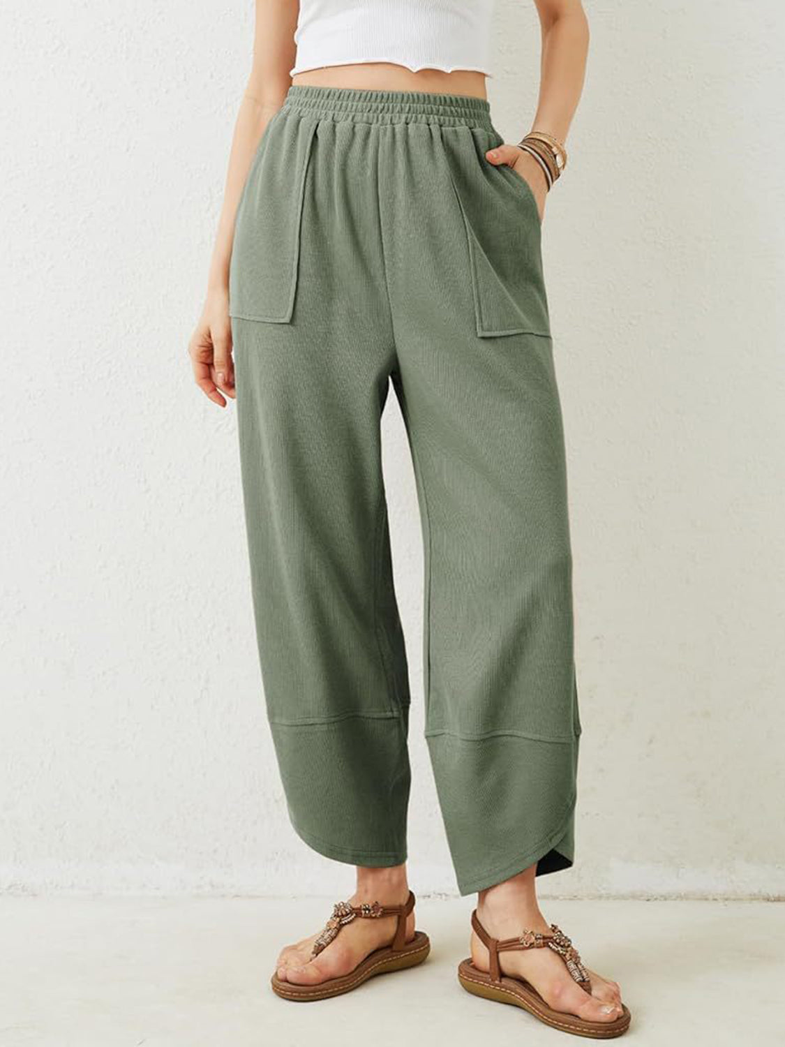 Blue Zone Planet | Lovelet Elastic Waist Wide Leg Pants-BOTTOMS SIZES SMALL MEDIUM LARGE-[Adult]-[Female]-Matcha Green-S-2022 Online Blue Zone Planet