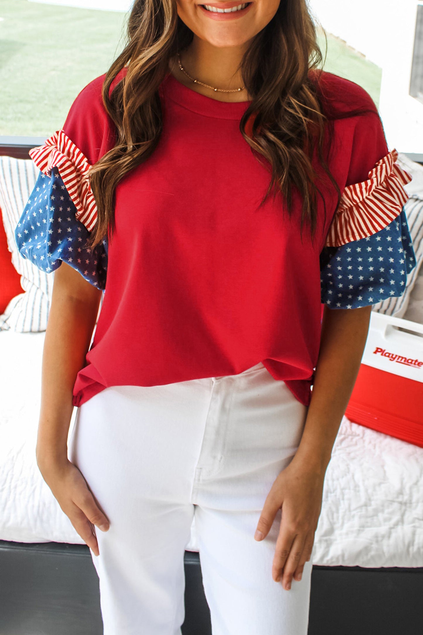 Fiery Red Stars Stripes Short Puff Sleeve Top-Tops/Tops & Tees-[Adult]-[Female]-Fiery Red-S-2022 Online Blue Zone Planet