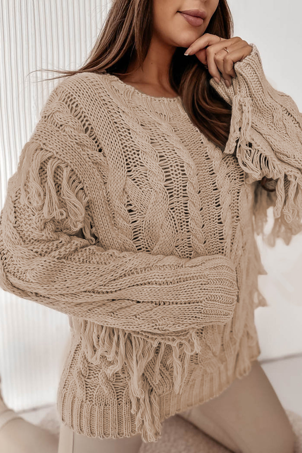 Blue Zone Planet | Cable Knit Fringe Round Neck Long Sleeve Sweater-TOPS / DRESSES-[Adult]-[Female]-Khaki-S-2022 Online Blue Zone Planet