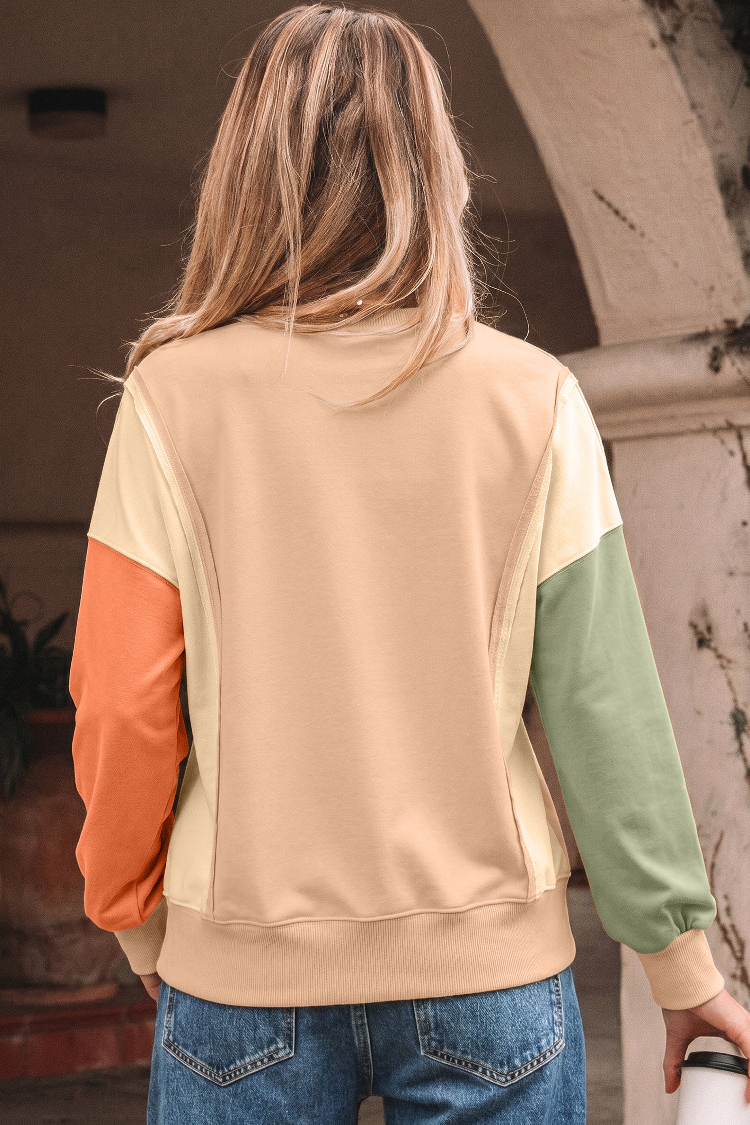 Beige Color Block Patchwork Split Hem Casual Sweatshirt-Tops/Sweatshirts & Hoodies-[Adult]-[Female]-2022 Online Blue Zone Planet