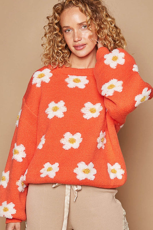 POL Daisy Pattern Drop Shoulder Sweater-TOPS / DRESSES-[Adult]-[Female]-Sun Orange-S-2022 Online Blue Zone Planet