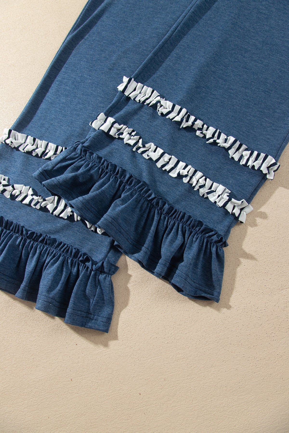 Blue Stripe V Neck Ruffle Contrast Sleeve Top Drawstring Pants 2pcs Set-Two Piece Sets/Pant Sets-[Adult]-[Female]-2022 Online Blue Zone Planet