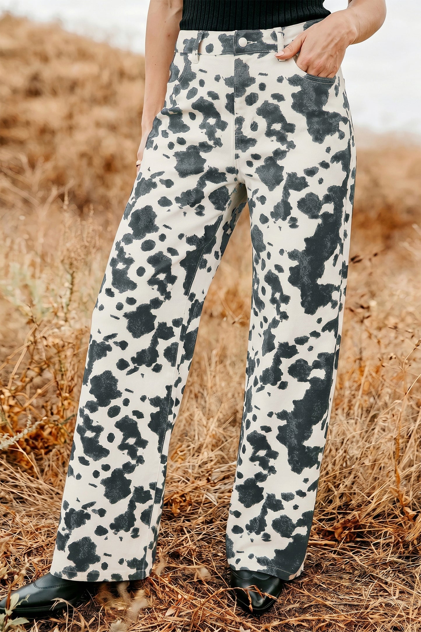 Brown Abstract Print Metal Button Regular Fit Full-Length Jeans-Bottoms/Jeans-[Adult]-[Female]-2022 Online Blue Zone Planet