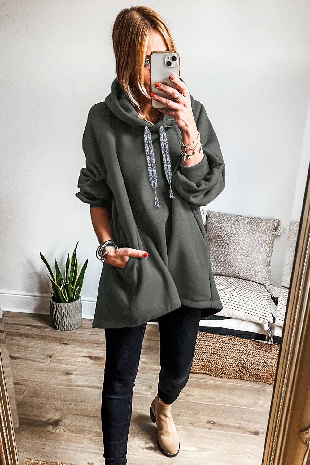 Four Leaf Clover Fleece Lined Adjustable Drawstring Oversize Tunic Hoodie-Tops / Dresses-[Adult]-[Female]-2022 Online Blue Zone Planet