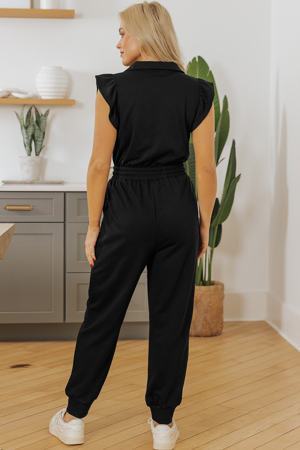 Blue Zone Planet | Black Zipper Flutter Sleeve Drawstring High Waist Jumpsuit-Bottoms/Jumpsuits & Rompers-[Adult]-[Female]-2022 Online Blue Zone Planet