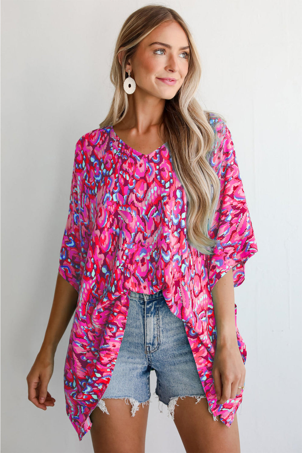 Pink Abstract Print V Neck Half Sleeve Loose Fit Tunic Blouse-Tops/Blouses & Shirts-[Adult]-[Female]-2022 Online Blue Zone Planet