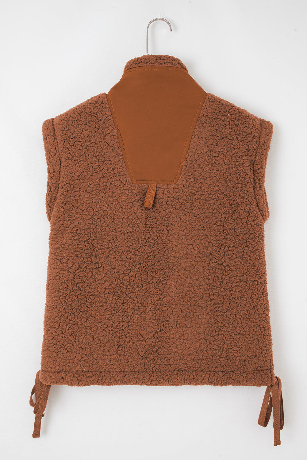 Cinnamon Faux Fur Snap Button Front Knot Side Plush Vest With Pockets-Outerwear/Vests-[Adult]-[Female]-2022 Online Blue Zone Planet