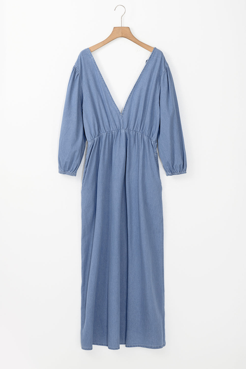 Myosotis Chambray Deep V Neck Bracelet Sleeve Maxi Dress-Dresses/Maxi Dresses-[Adult]-[Female]-2022 Online Blue Zone Planet