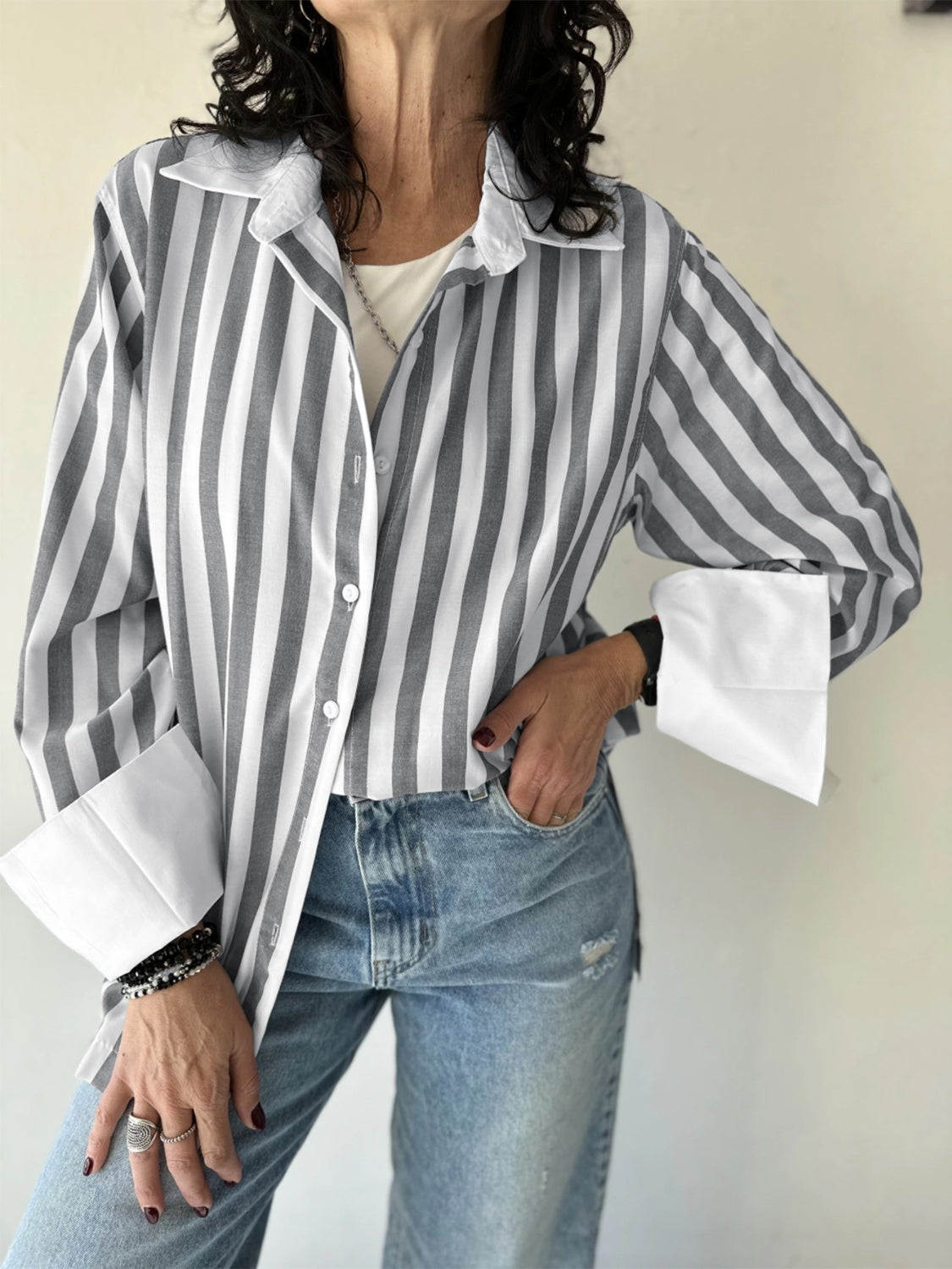 Striped Collared Neck Long Sleeve Shirt-TOPS / DRESSES-[Adult]-[Female]-2022 Online Blue Zone Planet