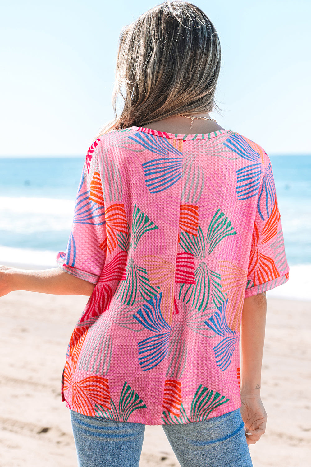 Pink Bowknot Printed Waffle Crewneck Loose Short Sleeve Top-Tops/Tops & Tees-[Adult]-[Female]-2022 Online Blue Zone Planet