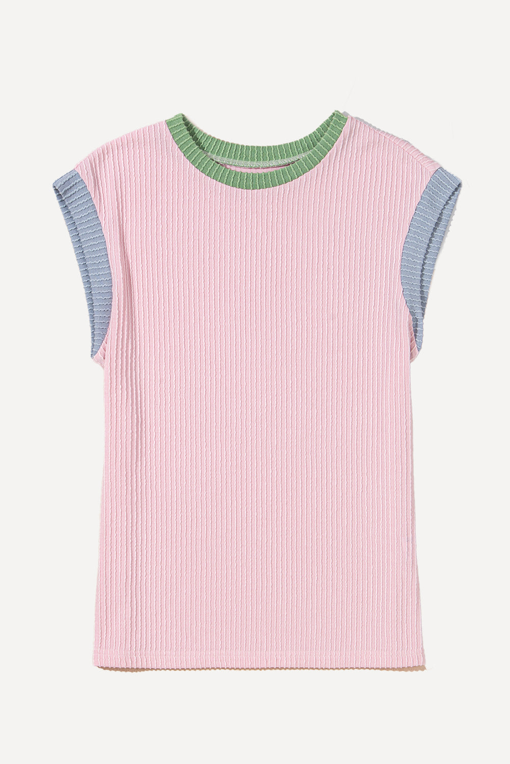 Pink Color Block Corded Knit Crew Neck Tee-Tops/Tops & Tees-[Adult]-[Female]-2022 Online Blue Zone Planet