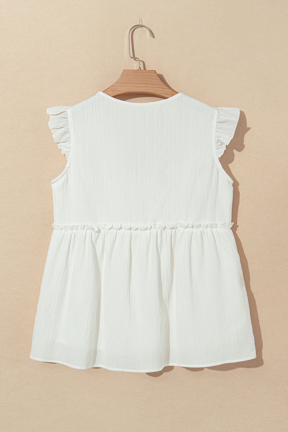 White Textured Ruffled Trim V Neck Flutter Flowy Top-Tops/Blouses & Shirts-[Adult]-[Female]-2022 Online Blue Zone Planet