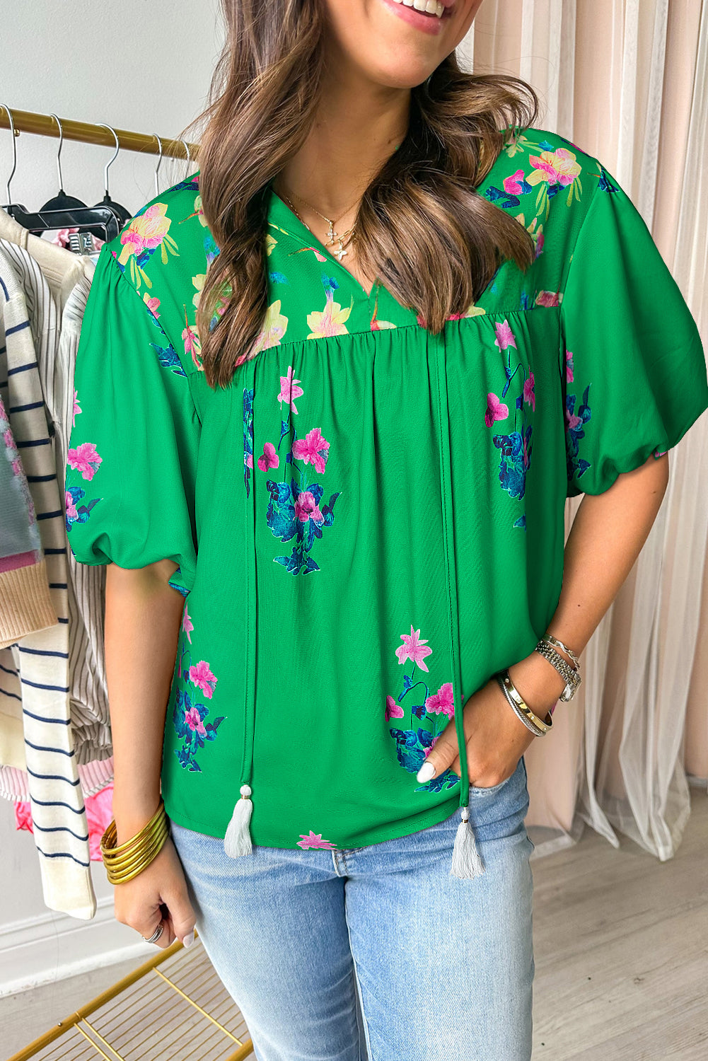 Green Floral Detail Tie Split Neck Short Sleeve Blouse-Tops/Blouses & Shirts-[Adult]-[Female]-2022 Online Blue Zone Planet