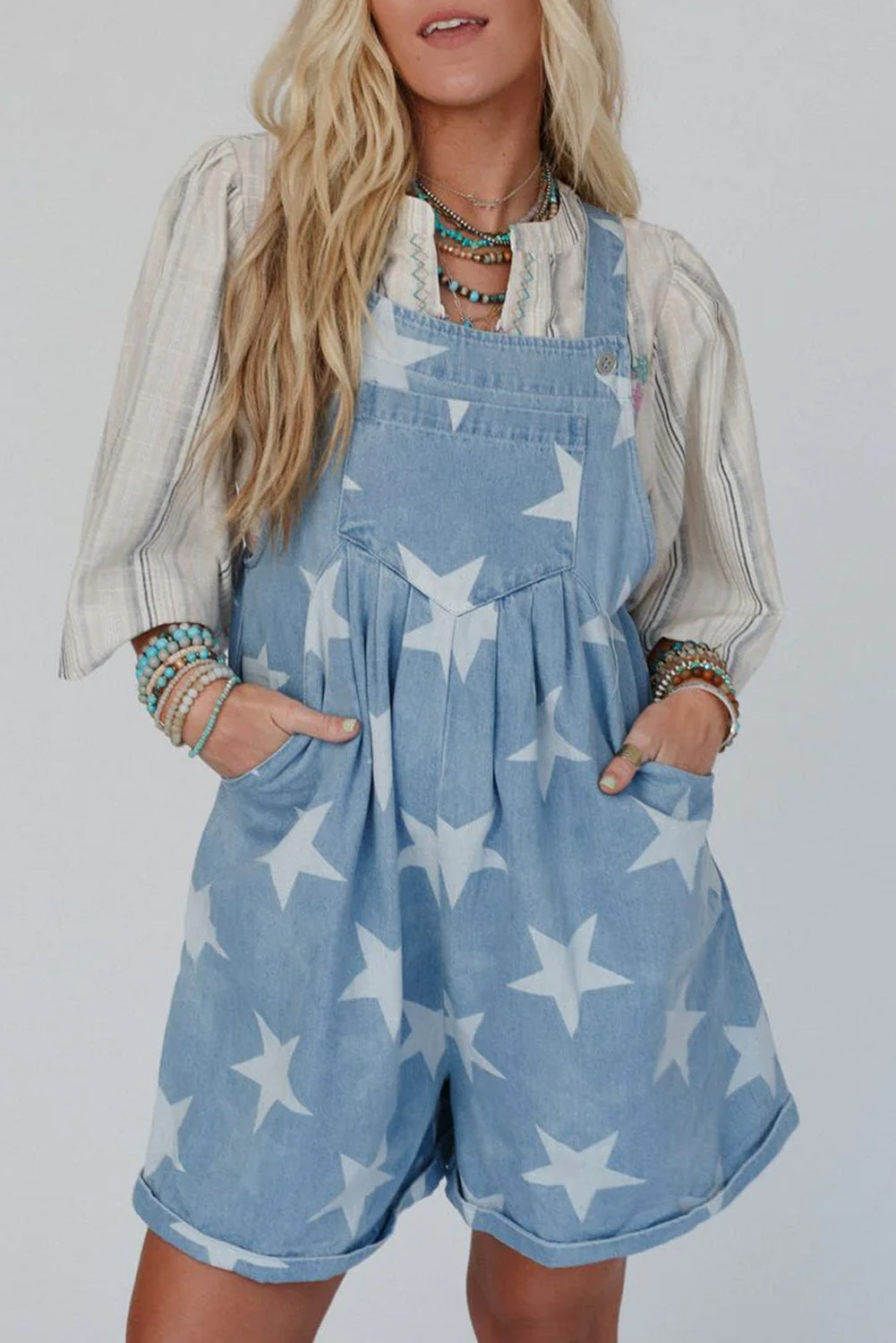 Blue Zone Planet | Light Blue Star Printed Buttoned Straps Pocketed Denim Romper-Bottoms/Jumpsuits & Rompers-[Adult]-[Female]-Light Blue-S-2022 Online Blue Zone Planet