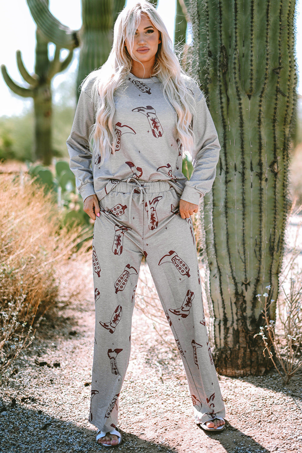 Gray Cowgirl Boots Printed Long Sleeve Top Pants Lounge Set-Loungewear & Sleepwear/Loungewear-[Adult]-[Female]-2022 Online Blue Zone Planet