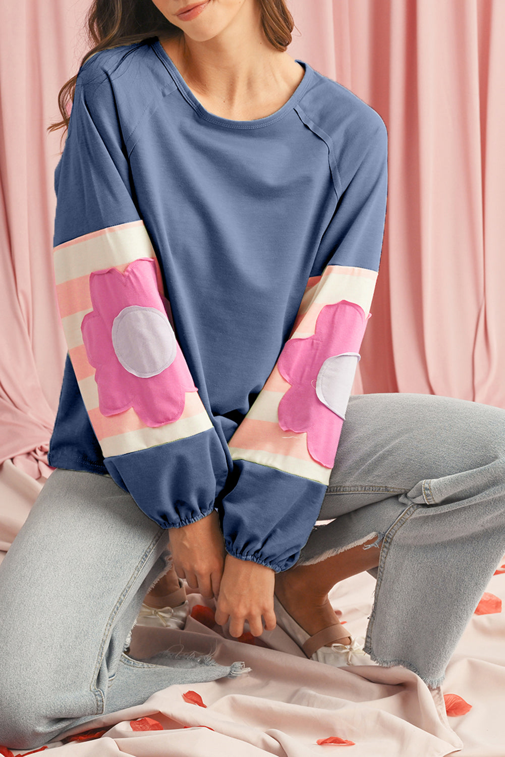 Blue Zone Planet | Smoke Green Flower Patchwork Exposed Seam Raglan Sleeve Top-Long Sleeve Tops-[Adult]-[Female]-Sail Blue-S-2022 Online Blue Zone Planet