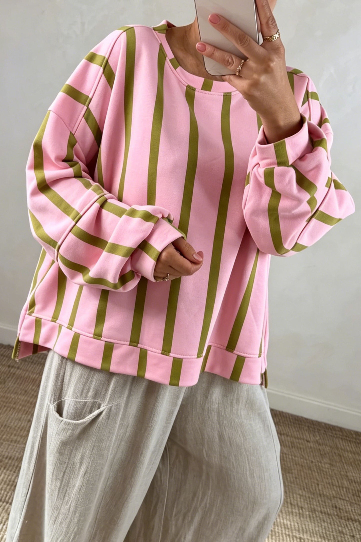 Pink Stripe Dropped Shoulder Round Neck Casual Sweatshirt-Tops/Sweatshirts & Hoodies-[Adult]-[Female]-Green Stripe-S-2022 Online Blue Zone Planet