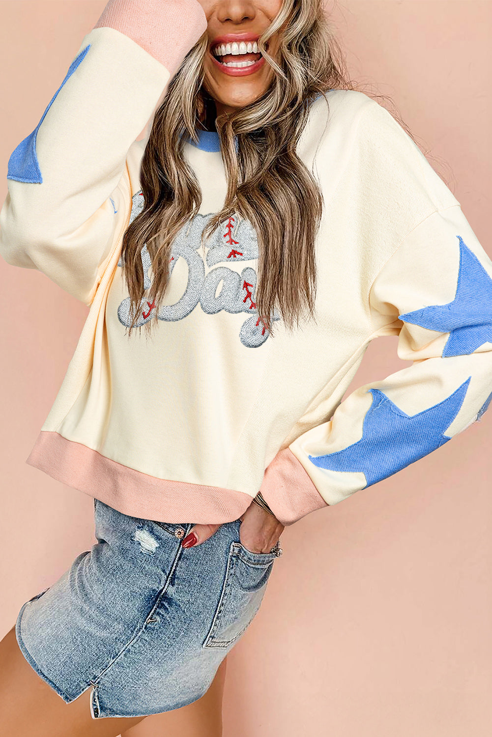 Beige Game Day Sequin Letter Graphic Star Patched Colorblock Sweatshirt-Graphic Sweatshirts-[Adult]-[Female]-Beige-L-2022 Online Blue Zone Planet
