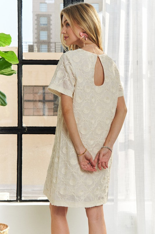 ADORA Applique Round Neck Short Sleeve Shift Dress-TOPS / DRESSES-[Adult]-[Female]-2022 Online Blue Zone Planet