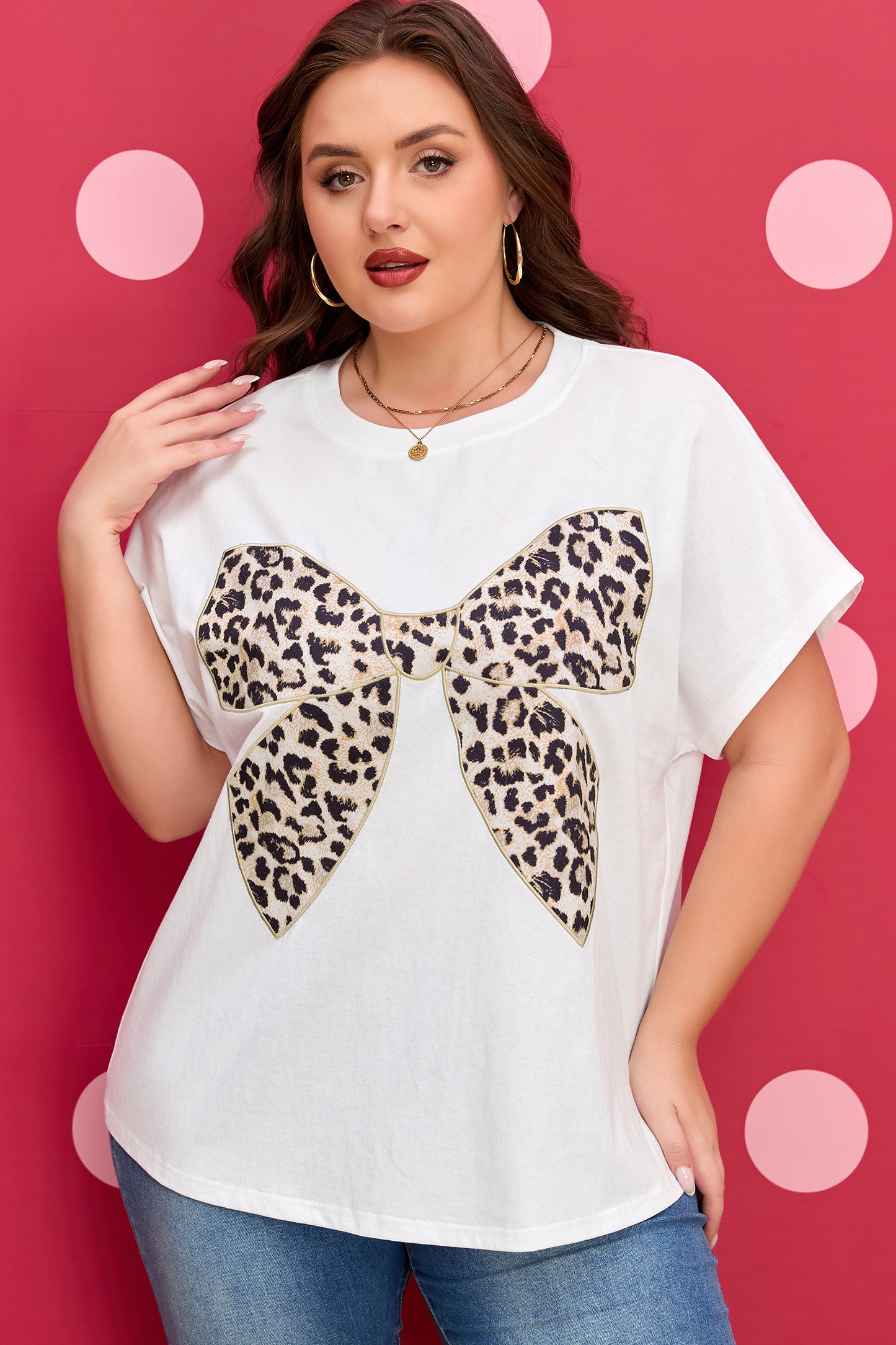 White Plus Size Leopard Bow Embroidered Patch Casual T Shirt-Plus Size/Plus Size Tops/Plus Size Tops & Tees-[Adult]-[Female]-2022 Online Blue Zone Planet