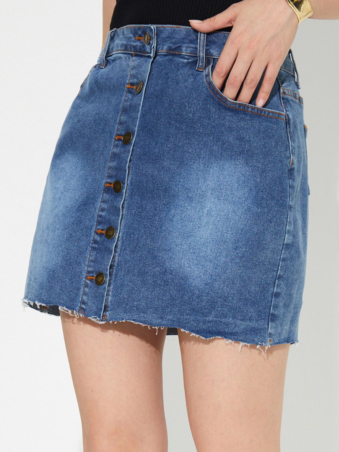 Pocketed Button Up Denim Skirt-BOTTOMS SIZES SMALL MEDIUM LARGE-[Adult]-[Female]-2022 Online Blue Zone Planet