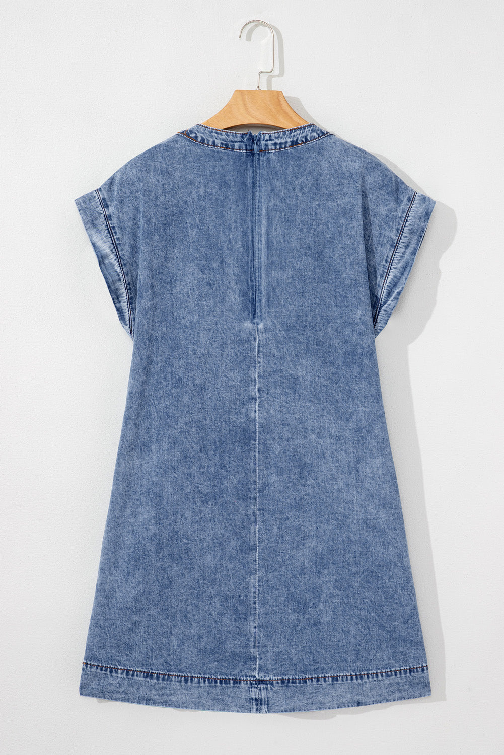 Beau Blue Tie V Neck Tucking Detail Short Sleeve Denim Shift Dress-TOPS / DRESSES-[Adult]-[Female]-2022 Online Blue Zone Planet