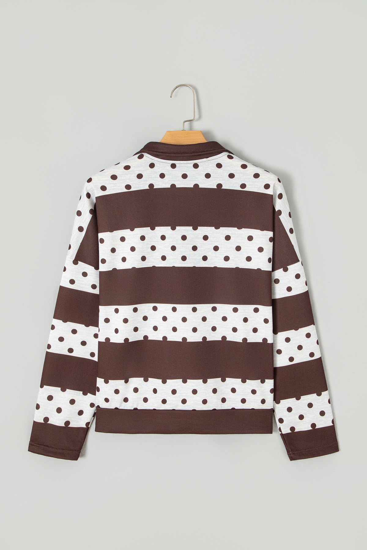 Brown Stripe Patchwork Polka Dot Accent Quarter Zip Long Sleeve Top-Tops/Long Sleeve Tops-[Adult]-[Female]-2022 Online Blue Zone Planet