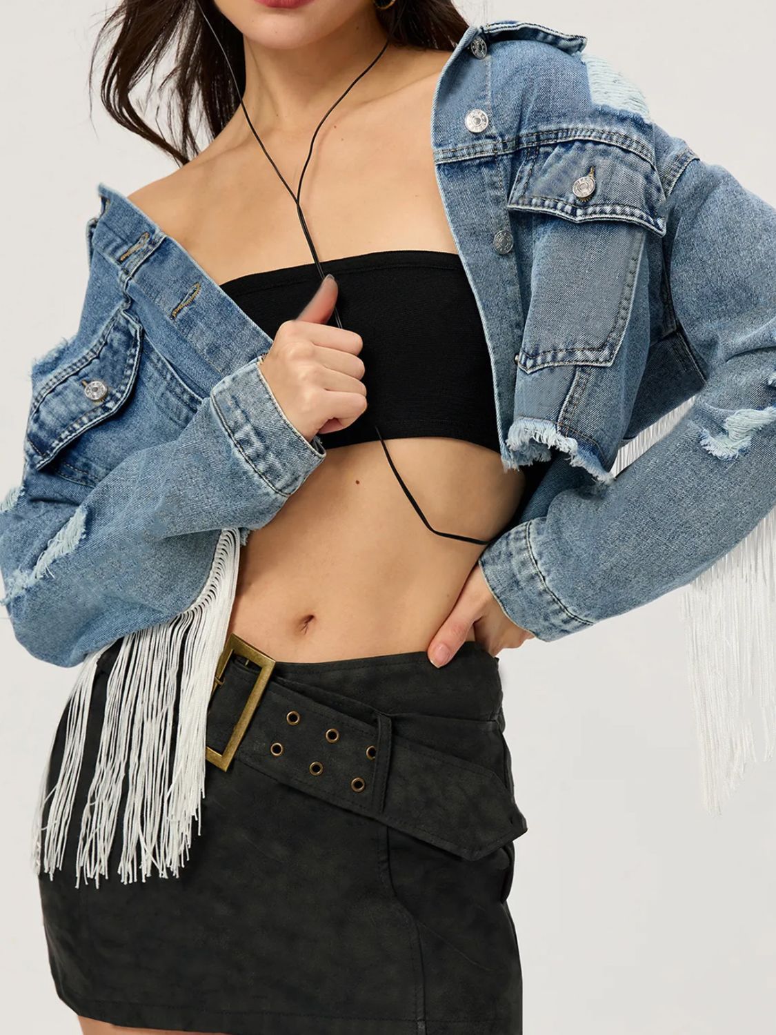 Blue Zone Planet | Distressed Fringe Collared Neck Cropped Denim Top-TOPS / DRESSES-[Adult]-[Female]-2022 Online Blue Zone Planet