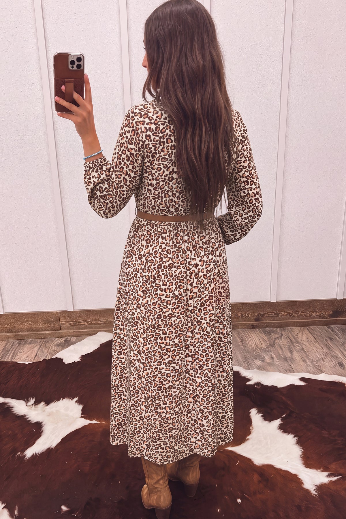 Brown Leopard Print 3/4 Sleeve Shirt Collar Buttoned Long Dress-Dresses/Maxi Dresses-[Adult]-[Female]-2022 Online Blue Zone Planet