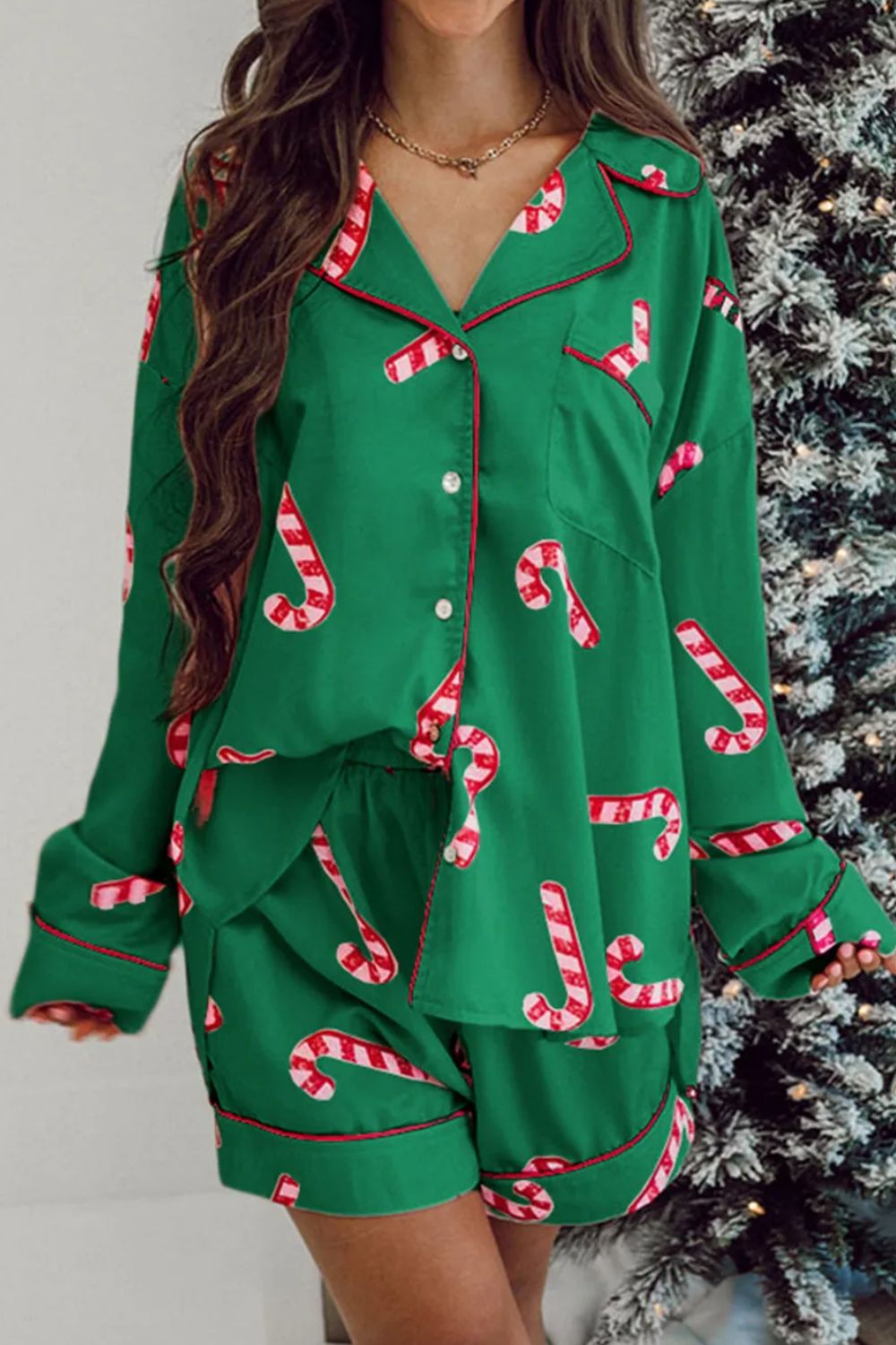 Blue Zone Planet | Candy Cane Collared Neck Long Sleeve Top and Shorts Lounge Set-TOPS / DRESSES-[Adult]-[Female]-Dark Green-S-2022 Online Blue Zone Planet