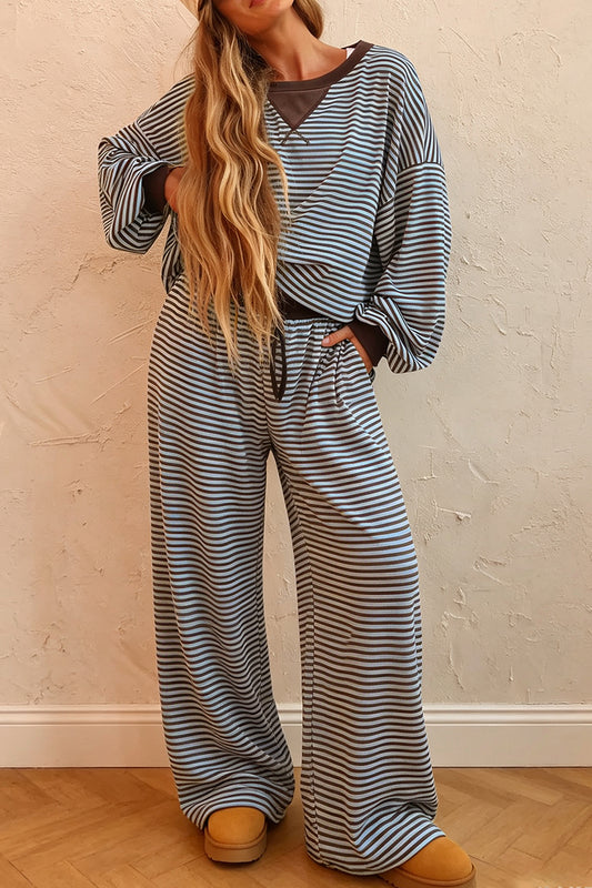 Brown Stripe Drop Shoulder Loose Top and Pants Two Piece Set