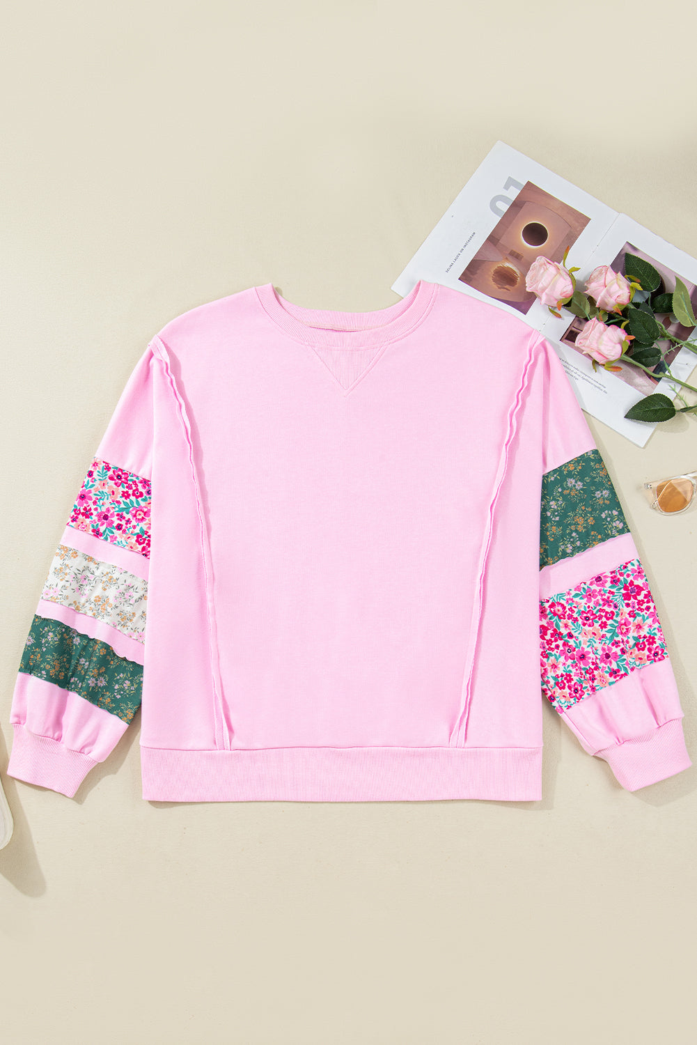 Pink Plus Size Mix Floral Patched Sleeve Ribbed Trim Baggy Sweatshirt-Plus Size/Plus Size Sweatshirts & Hoodies-[Adult]-[Female]-2022 Online Blue Zone Planet