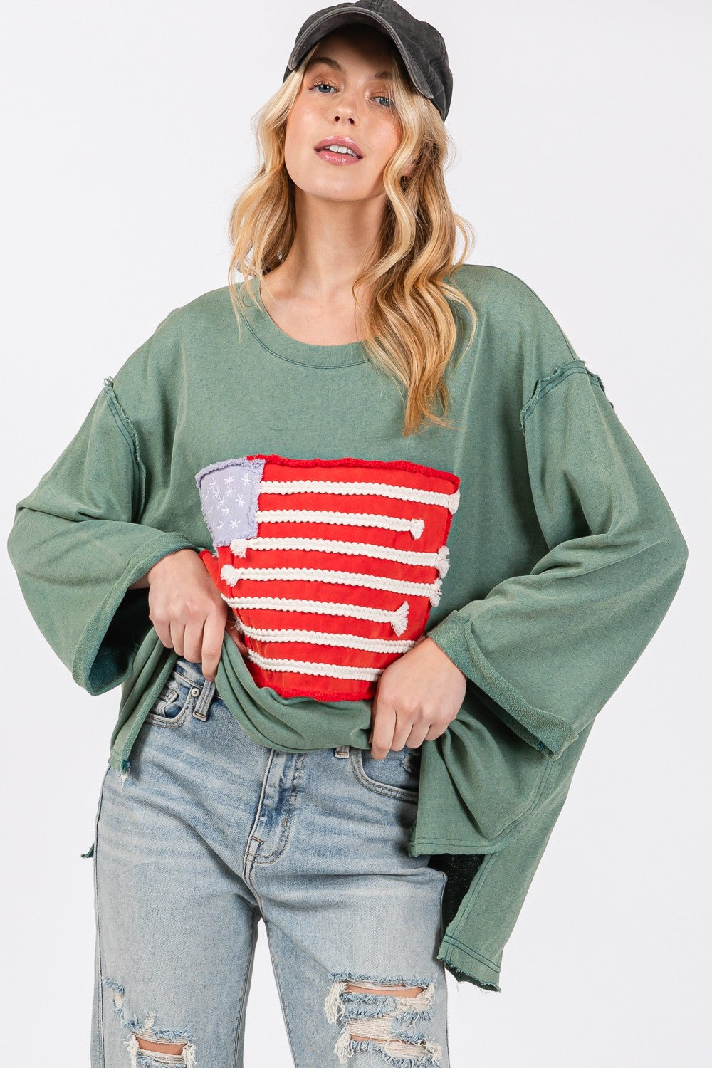 Blue Zone Planet | SAGE + FIG Full Size American Flag Patch Drop Shoulder T-Shirt-TOPS / DRESSES-[Adult]-[Female]-2022 Online Blue Zone Planet