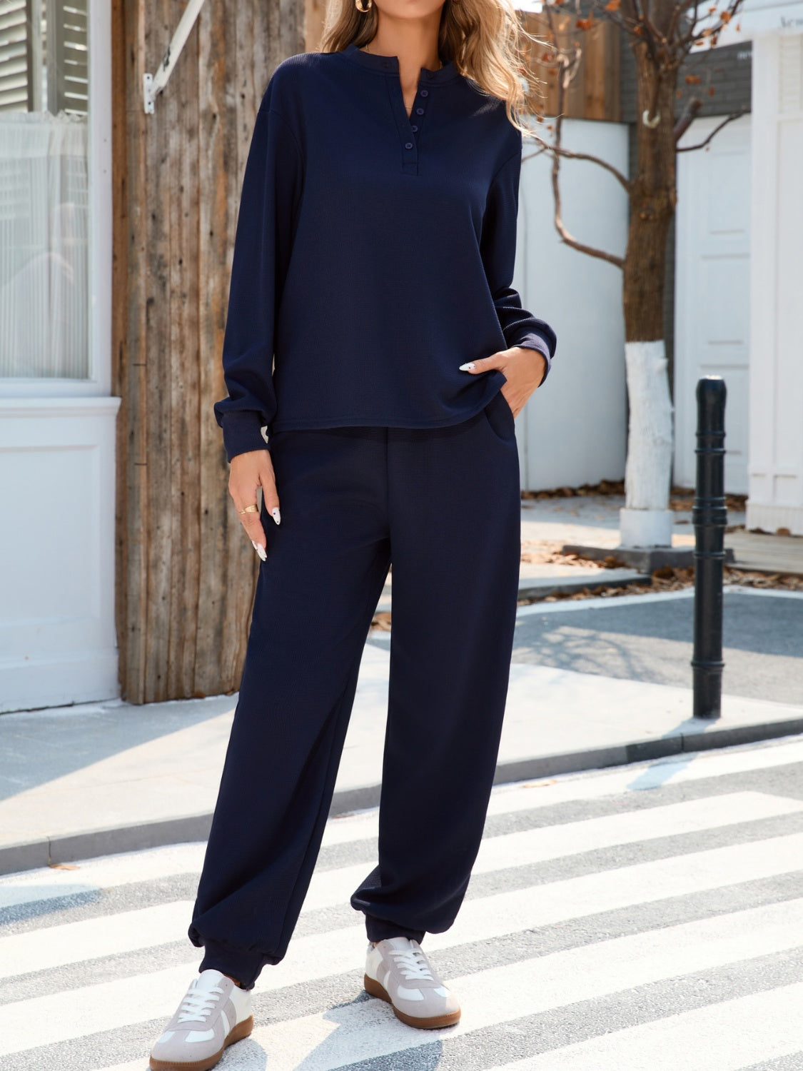 Quarter Button Long Sleeve Top and Pants Set-TOPS / DRESSES-[Adult]-[Female]-Dark Navy-S-2022 Online Blue Zone Planet