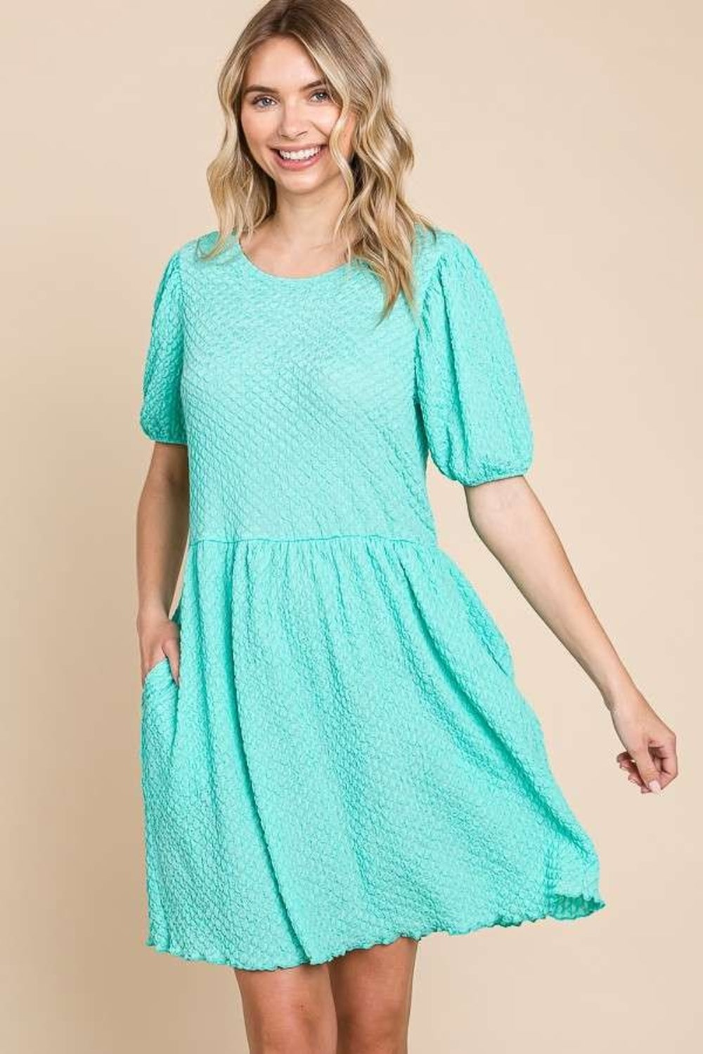 Culture Code Full Size Textured Round Neck Puff Sleeve Dress-TOPS / DRESSES-[Adult]-[Female]-2022 Online Blue Zone Planet