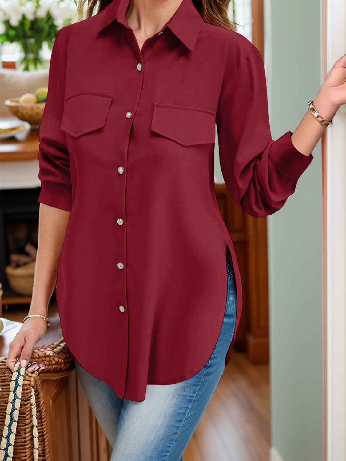 Full Size Side Slit Collared Neck Long Sleeve Shirt-TOPS / DRESSES-[Adult]-[Female]-Burgundy-S-2022 Online Blue Zone Planet