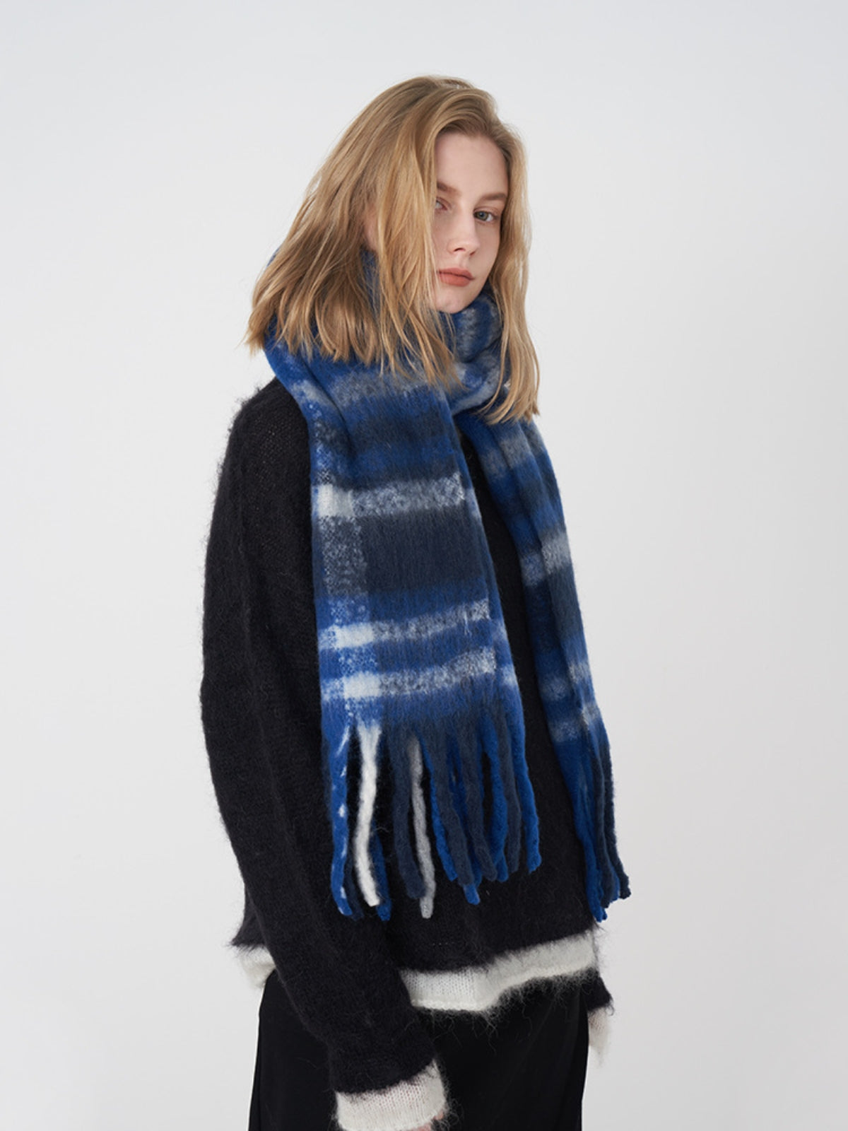 Fringe Plaid Polyester Scarf-SCARVES-[Adult]-[Female]-Blue/White/Gray plaid-One Size-2022 Online Blue Zone Planet