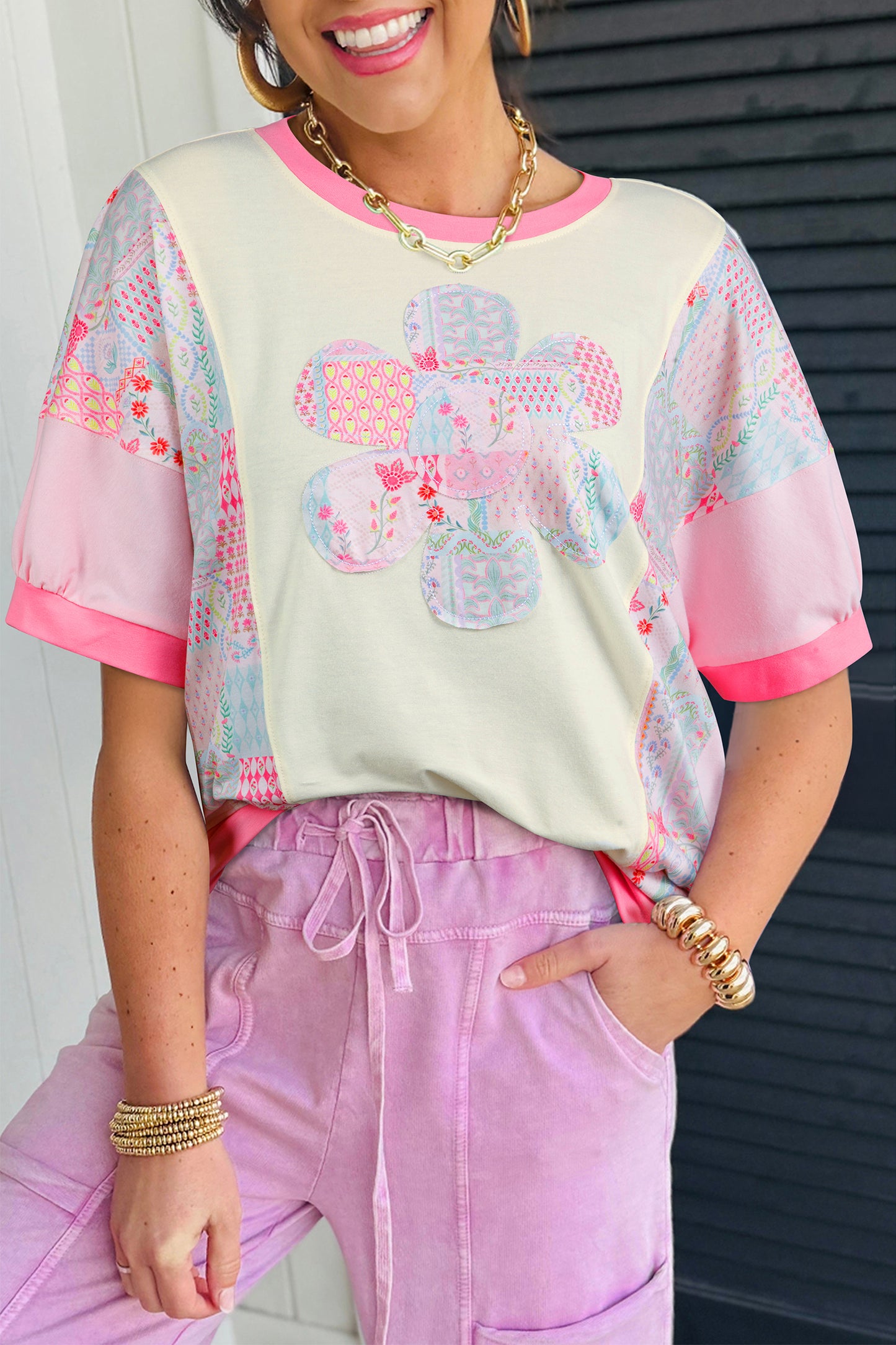 Beige Color Block Floral Patchwork Big Flower Accent Relaxed Top-Tops/Tops & Tees-[Adult]-[Female]-Beige-S-2022 Online Blue Zone Planet