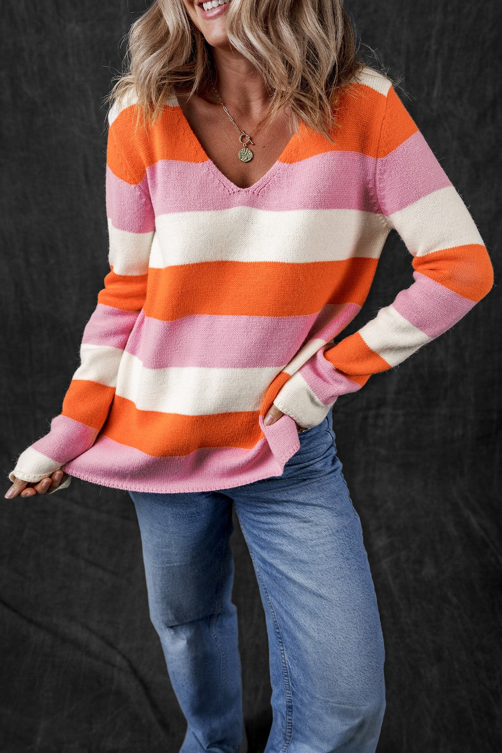 Color Block V-Neck Long Sleeve Sweater-TOPS / DRESSES-[Adult]-[Female]-2022 Online Blue Zone Planet