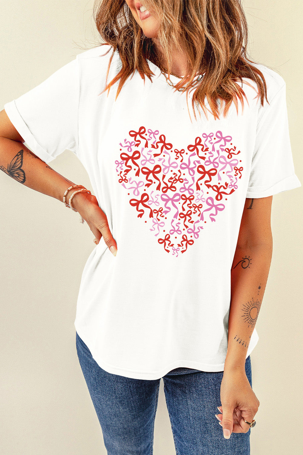 White Bowknot Heart Printed Crewneck Valentines Tee-Graphic Tees-[Adult]-[Female]-2022 Online Blue Zone Planet